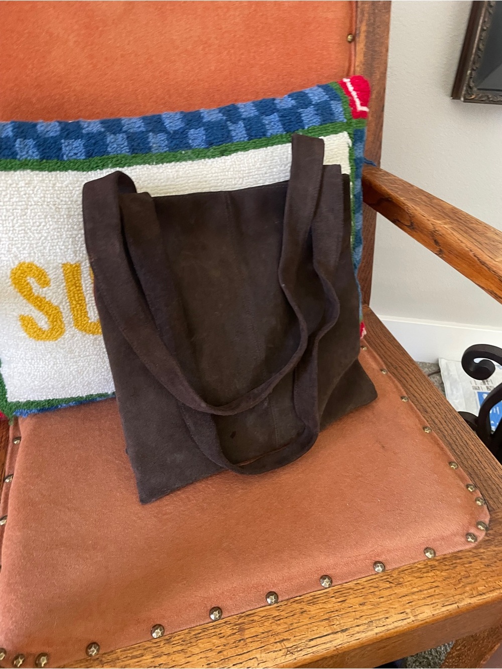 Y2K colorful Suede patchwork Leather Tote shoulder bag. Color block Classic tote - Picture 3 of 10